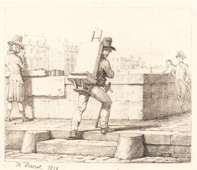 Kunstenaar die een ezel met een lithografische steen draagt door Emile Jean Horace Vernet