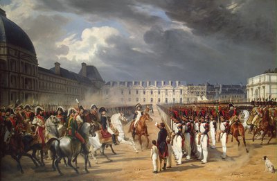 Invalide overhandigt een petitie aan Napoleon tijdens de parade in de binnenplaats van het Tuilerieënpaleis door Emile Jean Horace Vernet
