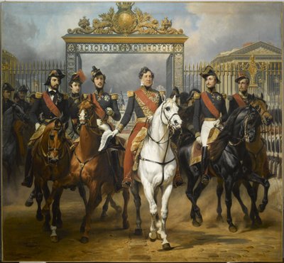 Koning Louis-Philippe omringd door zijn vijf zonen verlaten de hoofdingang van het kasteel van Versailles na een militaire revue op de binnenplaats, 10 juni 1837. door Horace Vernet