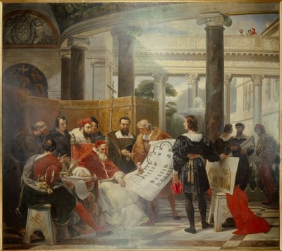 Paus Julius II, die het werk van het Vaticaan en de Basiliek van Sint-Pieter in Rome beveelt, omringd door Michelangelo, Bramante en Raphael door Emile Jean Horace Vernet