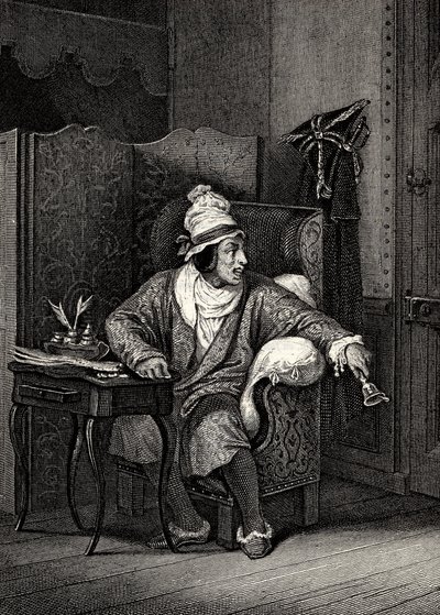 Scène uit De ingebeelde zieke van Molière, door Horace Vernet, gravure - Le Malade imaginaire door Jean-Baptiste Poquelin, bekend als Molière (1622-1673) door Emile Jean Horace Vernet