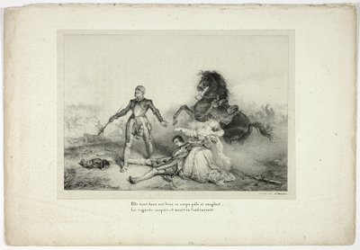 Ze hield in haar armen het lijk bleek en bloederig... door Emile Jean Horace Vernet