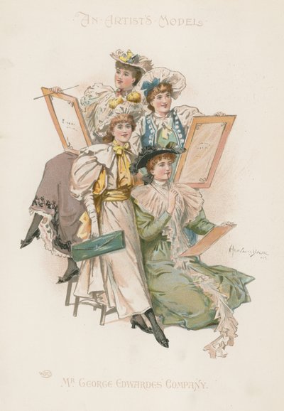 Groep van vier goed geklede vrouwen met tekenborden in de hand (kleurenlitho) door Howard Davie