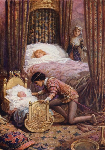 Hij boog zich voorover om de kleine baby te kussen uit 