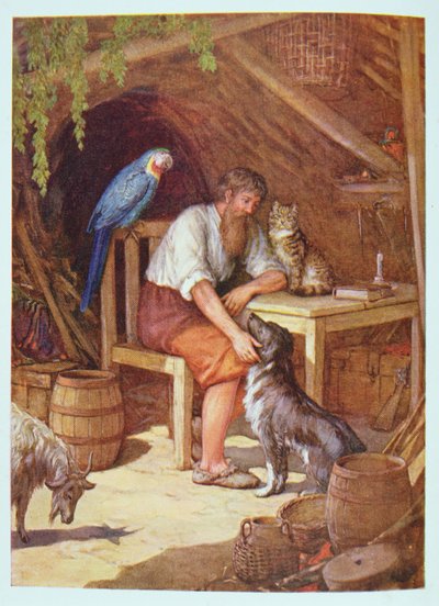 Robinson Crusoe in zijn hut, illustratie uit 