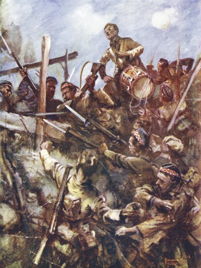 Tamboer Walter Ritchie staat op de borstwering van de vijand om het bevel te geven, onder zwaar machinegeweervuur en bomaanvallen, Beaumont Hamel, Frankrijk, 1 juli 1916 door Howard K. Elcock