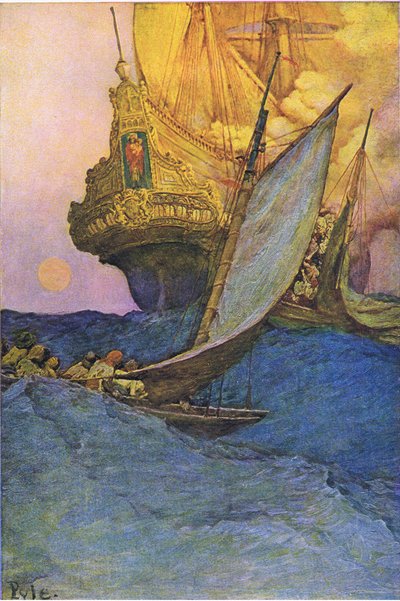 Een aanval op een galjoen, uit Howard Pyles Book of Pirates gepubliceerd door Harper & Bros, 1921 door Howard Pyle