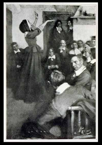 Anne Hutchinson predikt in haar huis in Boston, 1637, illustratie uit 