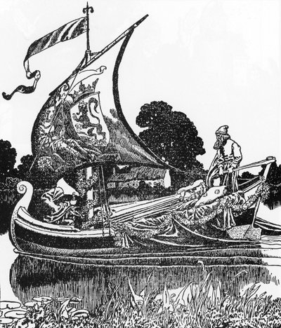 Arthurlegende: De boot van de doden brengt het lichaam van koning Arthur Illustratie door Howard Pyle (1853-1911) uit “Het verhaal van Sir Launcelot en zijn metgezellen” 1907 Privécollectie door Howard Pyle