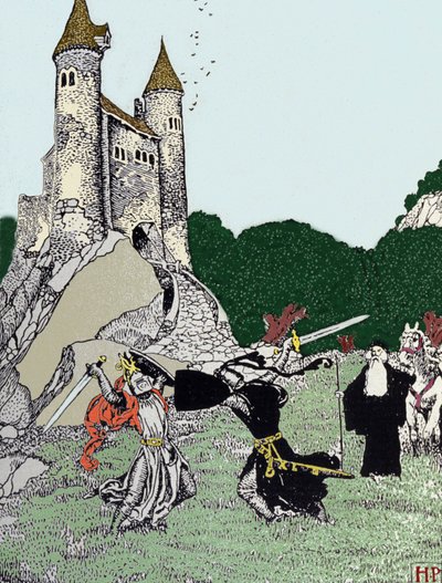 Strijd tussen Koning Arthur en de zwarte ridder in aanwezigheid van Merlijn de tovenaar. Illustratie door Howard Pyle (1853 - 1911) door Howard Pyle