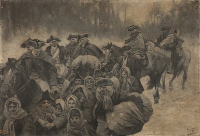 Vijf rood geklede soldaten te paard, met een andere gehuld tot de ogen...omringd door een bont gezelschap van arme mensen, jong en oud door Howard Pyle
