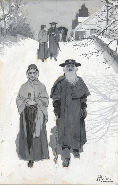 De Dunkers - Op weg naar de bijeenkomst, tekening van een illustratie gepubliceerd in Harper door Howard Pyle