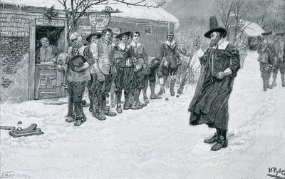 De puriteinse gouverneur onderbreekt de kerstspelen, gegraveerd door J. Bernstrom, illustratie uit 