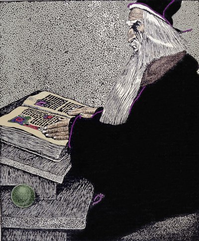 De magiër Merlin. Illustratie door Howard Pyle (1853 - 1911), Amerikaanse tekenaar, voor 