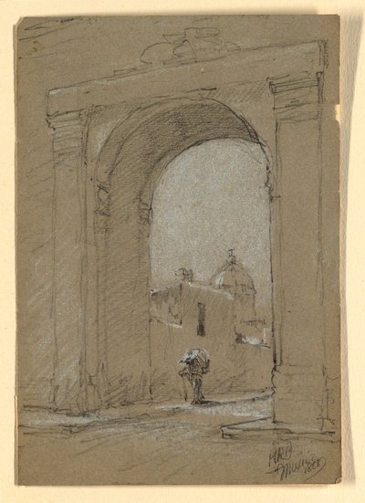 Tekening, Een stadspoort in Mexico, 1888 door Howard Russell Butler