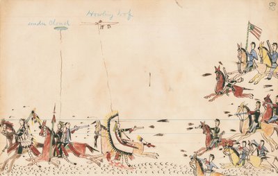 Onder Cloud en Howling Wolf vechten met Gen. Sully in 1868, 7th Cavy nabij het huidige Camp Supply, 1874-75 (pen, inkt en wc op grootboekpapier) door Howling Wolf