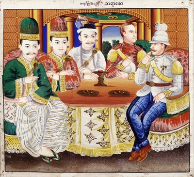 Koning Thibaw met hoogwaardigheidsbekleders en een Britse officier door Hsaya Chone and Hsaya Saw