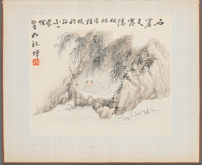 Album van Landschapsschilderijen die oude gedichten illustreren: Een man ligt in een bamboebos, 1700s door Hua Yan