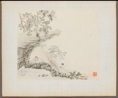 Album van Landschapsschilderijen die Oude Gedichten Illustreren: Een Man Ligt onder een Rotsachtige Overhang; een Jongen Staat aan zijn Rechterkant door Hua Yan