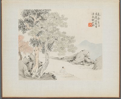 Album van Landschapsschilderijen die Oude Gedichten Illustreren: Drie Grote Bomen, een Stroom... door Hua Yan