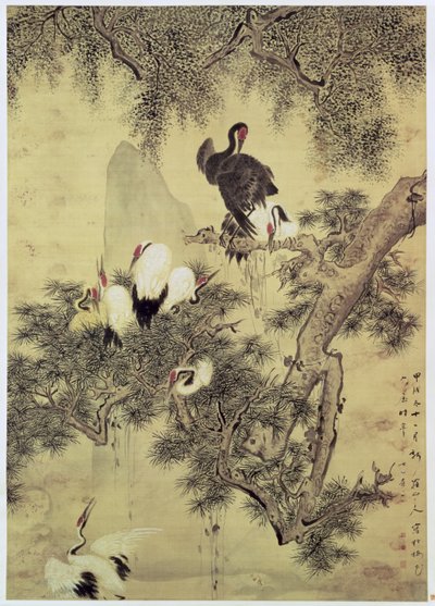 Acht roodkuifreigers in een dennenboom, 1754 door Hua Yan