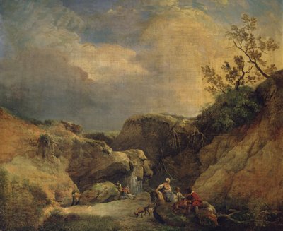 Een rotsachtig bebost landschap met reizigers die bij een waterval praten door Hubert (circle of) Robert