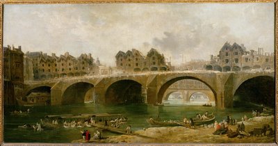 Sloop van de huizen op de Notre-Dame brug in ... door Hubert (circle of) Robert