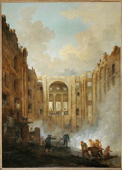 De brand in het Palais Royal in ... door Hubert (circle of) Robert