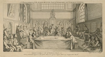Een voorstelling van de Lord Mayor, het hof van schepenen en de gemeenteraad door Hubert Francois Gravelot
