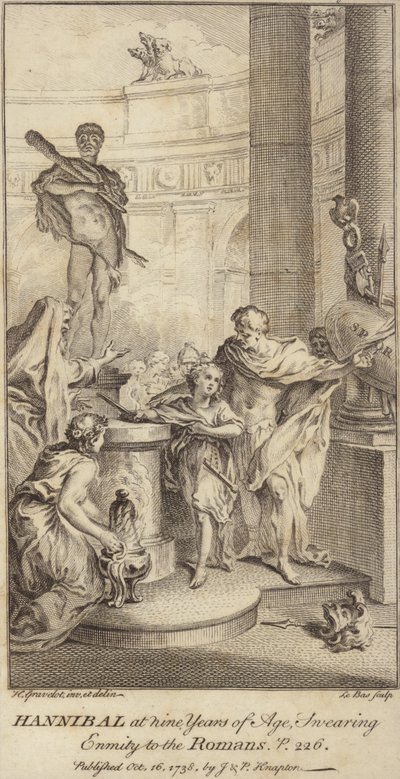 Hannibal op negenjarige leeftijd, zwerend vijandschap tegen de Romeinen door Hubert Francois Gravelot