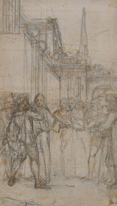 Literaire Illustratie: Man met Zwaard Confronteert Groep Figuren Voor Gebouw door Hubert Francois Gravelot