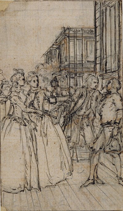 Literaire illustratie met twee dames en twee heren in een straat door Hubert Francois Gravelot