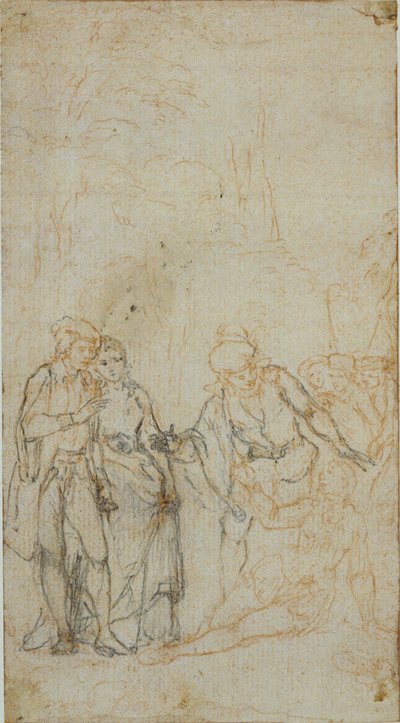 Ongeïdentificeerde literaire illustratie met een groep figuren rond liggende figuur in landschap door Hubert Francois Gravelot
