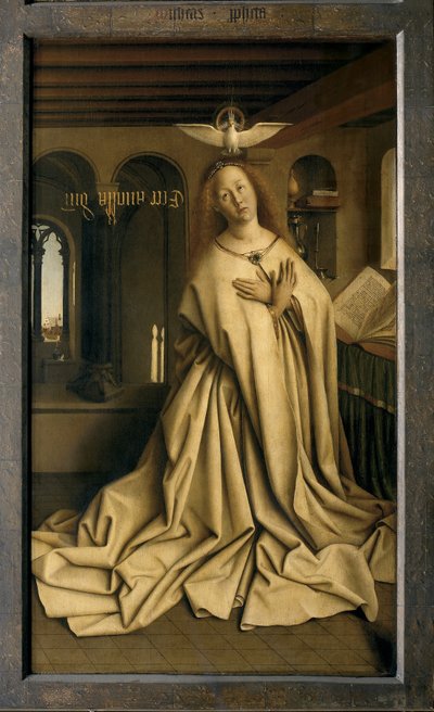 De engel Gabriël brengt de boodschap aan Maria, detail van het gesloten Gentse altaarstuk door Hubert & Jan van (1390 1441) Eyck