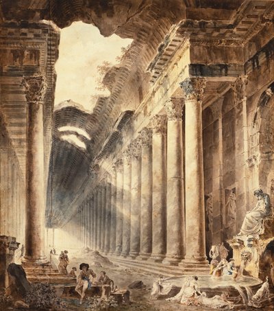 Een gebouw met zuilengang, het dak deels open naar de lucht, met meisjes die kleren wassen bij een fontein onder een standbeeld door Hubert Robert