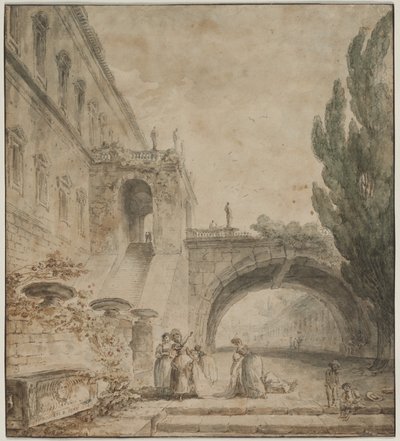 Een paleis met een gebogen brug (een Romeinse villa) door Hubert Robert