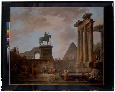 Een capriccio met troubadours en wasvrouwen bij een bassin tussen Romeinse ruïnes, een piramide daarachter door Hubert Robert
