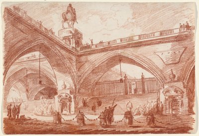 Architecturale fantasie met een triomfbrug, ca. 1760 (rood krijt op papier) door Hubert Robert