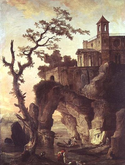 Architectonische ruïnes in een rotsachtig landschap door Hubert Robert