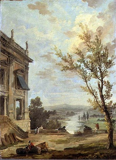 Capriccio Italiaans landschap met het Capitoolse Palazzo Nuovo en voorname mensen op een terras, een rivier daarachter door Hubert Robert