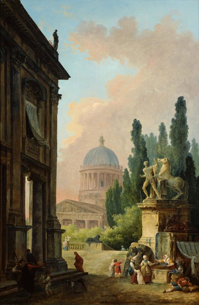 Denkbeeldig uitzicht op Rome met de paardentemmer van de Monte Cavallo door Hubert Robert