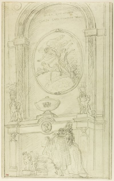 Interieur met een koppel voor een schoorsteenstuk door Hubert Robert