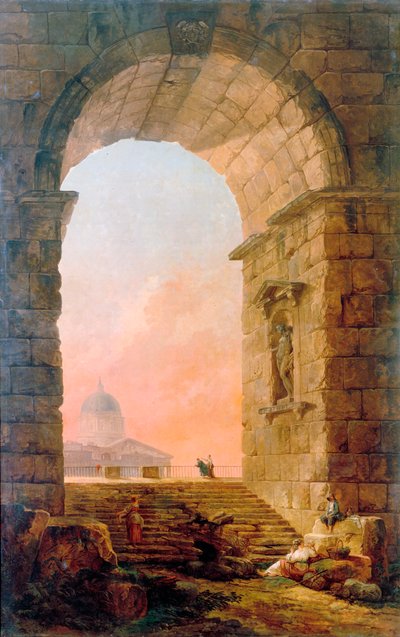 Landschap met een Boog en de Sint-Pietersbasiliek in Rome door Hubert Robert