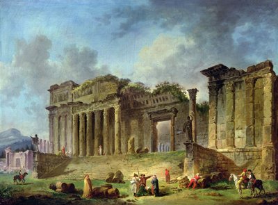 Man die de ruïnes van een klassieke tempel schetst door Hubert Robert