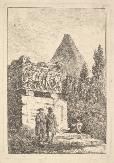Plaat 6: De Sarcofaag: twee mannen in gesprek naar links, een andere man zittend en slap..., ca. 1763-64 door Hubert Robert