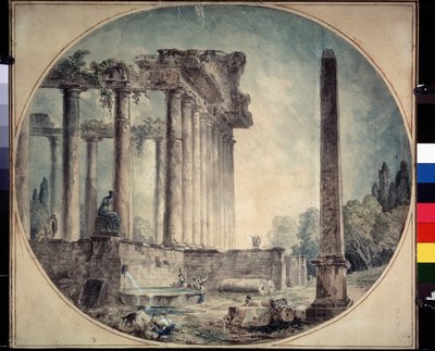 Antieke ruïnes en obelisk door Hubert Robert