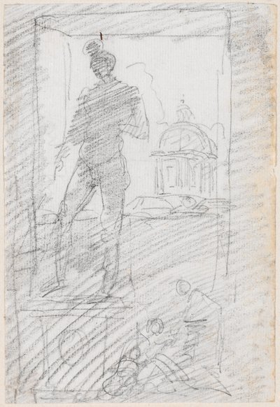 Standbeeld van een naakt voor een raamzicht door Hubert Robert