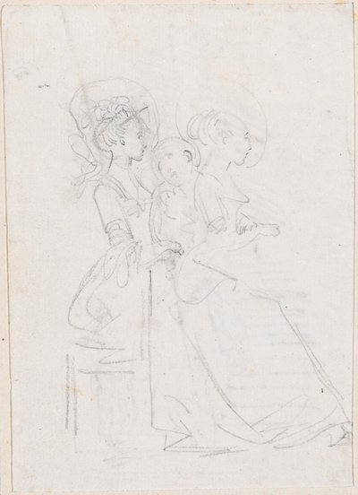 Twee zittende vrouwen met mannelijke figuur tussen hen [verso] door Hubert Robert