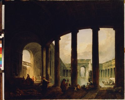 Een bassin omgeven door een colonnade door Hubert Robert