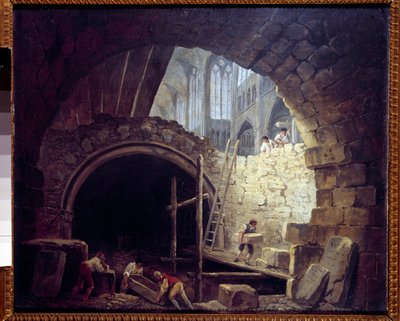 Schending van de kelders van de koningen in de Basiliek van Saint Denis in oktober 1793 door Hubert Robert